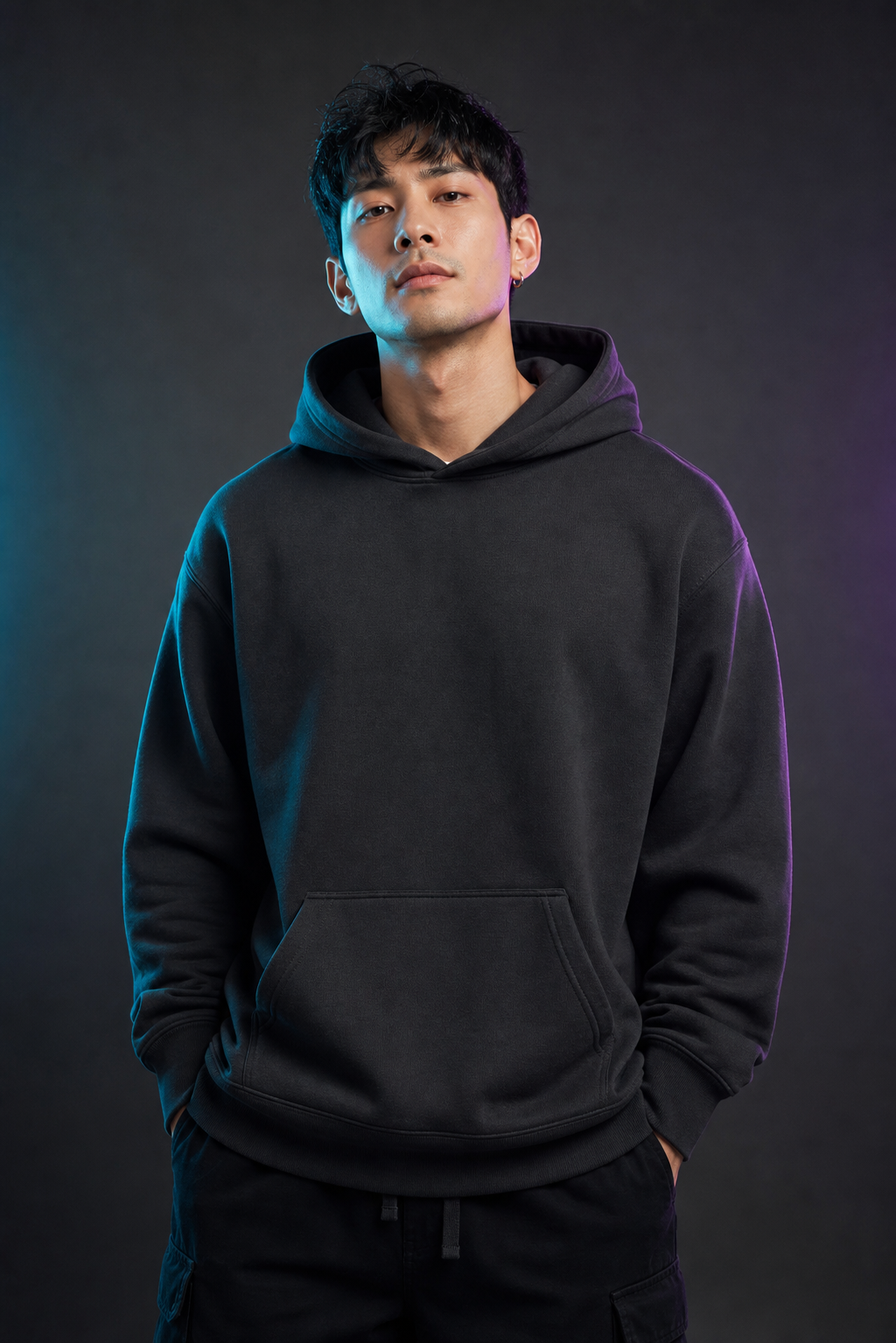 Model wearing a black custom logo hoodie