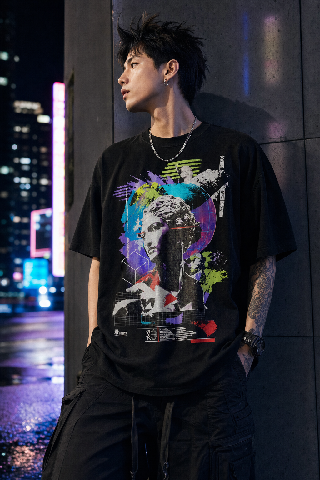 Model wearing a black multi-color custom graphic T-shirt