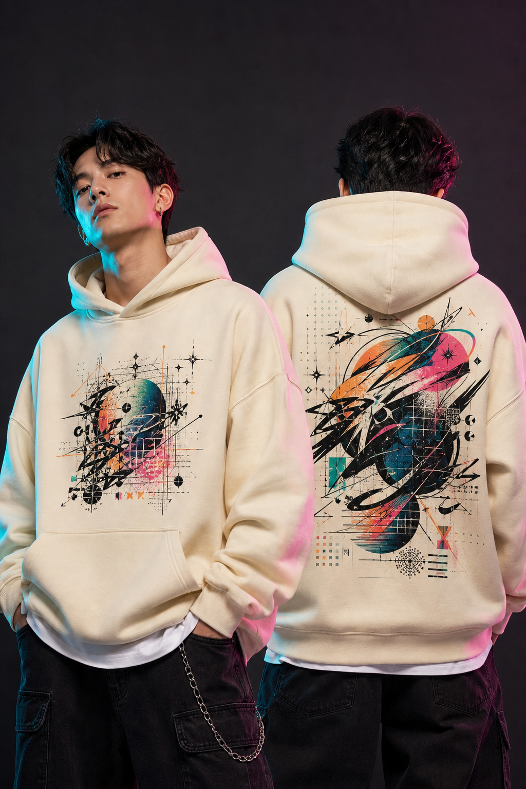 Model wearing a light hoodie with colorful custom artwork